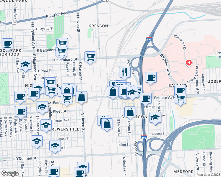 map of restaurants, bars, coffee shops, grocery stores, and more near 336 South Lehigh Street in Baltimore