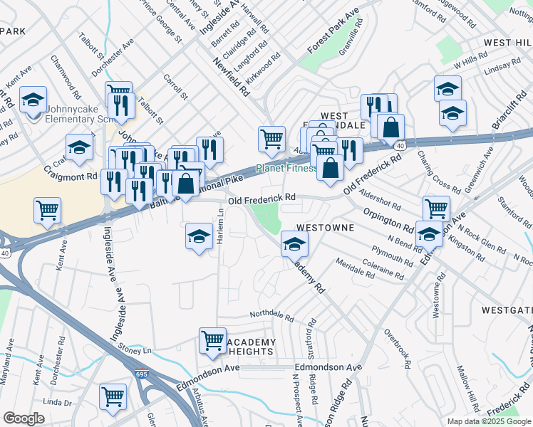 map of restaurants, bars, coffee shops, grocery stores, and more near 5515 Old Frederick Road in Baltimore