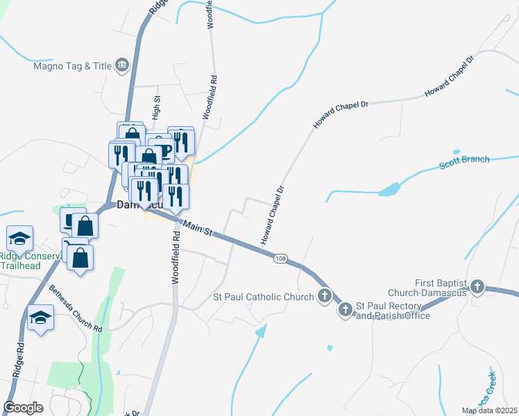 map of restaurants, bars, coffee shops, grocery stores, and more near 9510 Pleasant Plains Road in Damascus