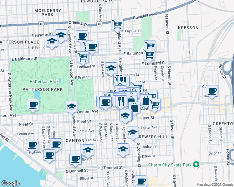 map of restaurants, bars, coffee shops, grocery stores, and more near 309 South Clinton Street in Baltimore