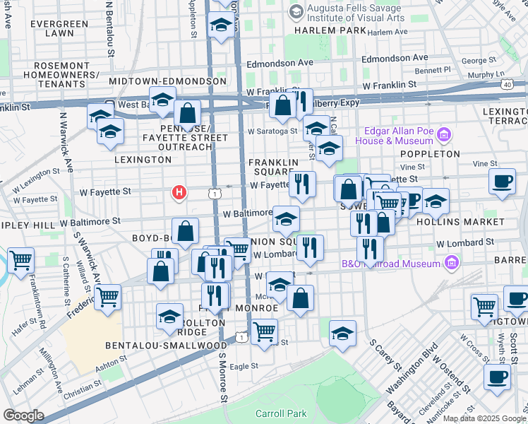 map of restaurants, bars, coffee shops, grocery stores, and more near West Baltimore Street in Baltimore