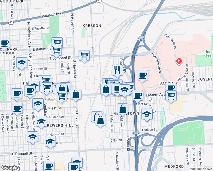 map of restaurants, bars, coffee shops, grocery stores, and more near Bank Street in Baltimore