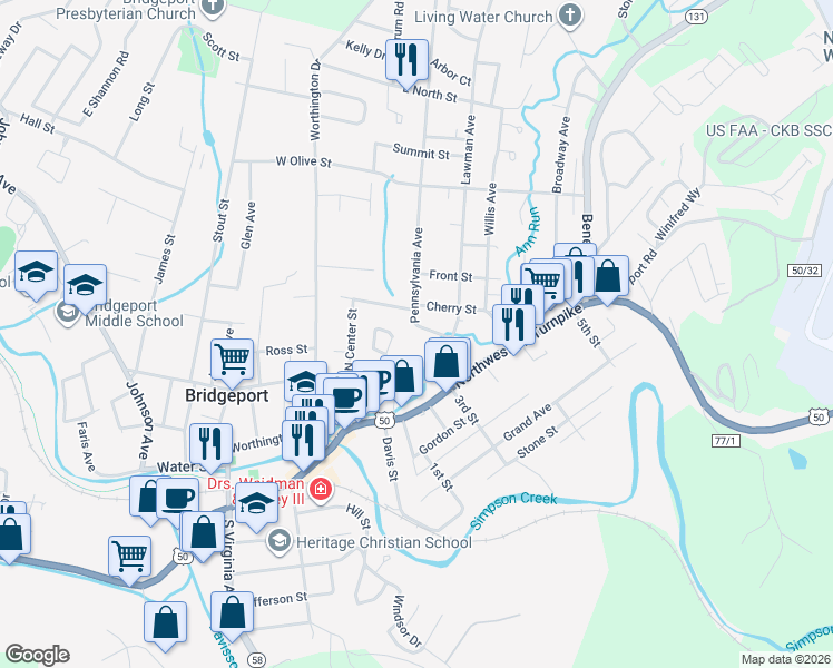 map of restaurants, bars, coffee shops, grocery stores, and more near 149 Pennsylvania Avenue in Bridgeport