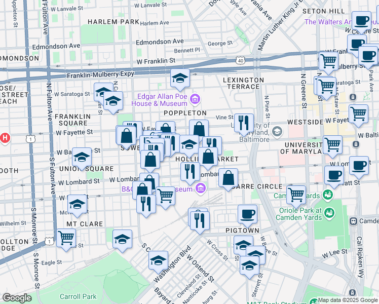 map of restaurants, bars, coffee shops, grocery stores, and more near 13 South Schroeder Street in Baltimore