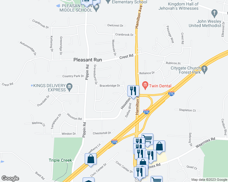 map of restaurants, bars, coffee shops, grocery stores, and more near 2480 Stockport Court in Cincinnati