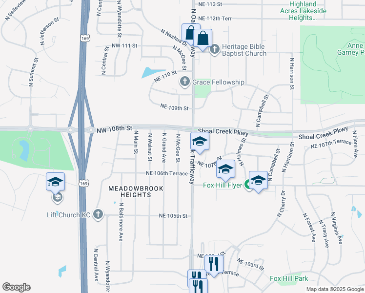map of restaurants, bars, coffee shops, grocery stores, and more near 10707 North McGee Street in Kansas City
