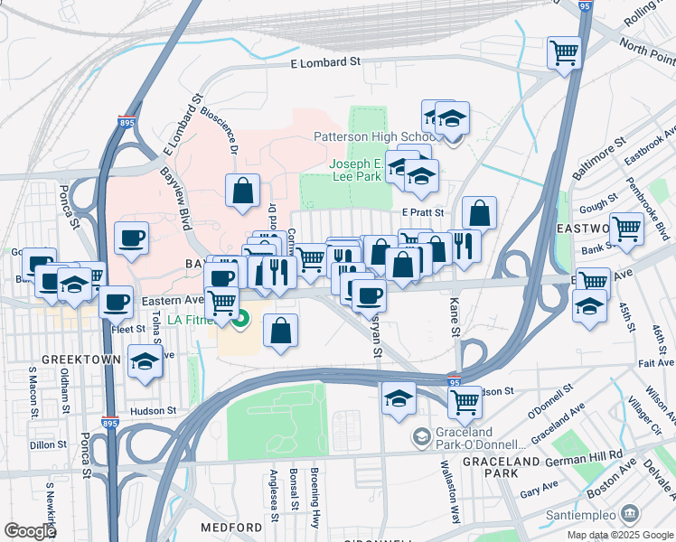 map of restaurants, bars, coffee shops, grocery stores, and more near 431 Elrino Street in Baltimore