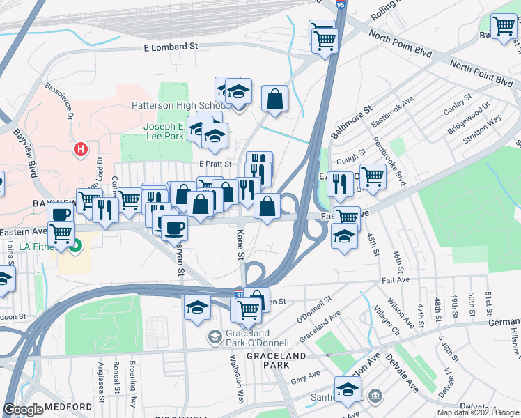 map of restaurants, bars, coffee shops, grocery stores, and more near 6520 Eastern Avenue in Baltimore
