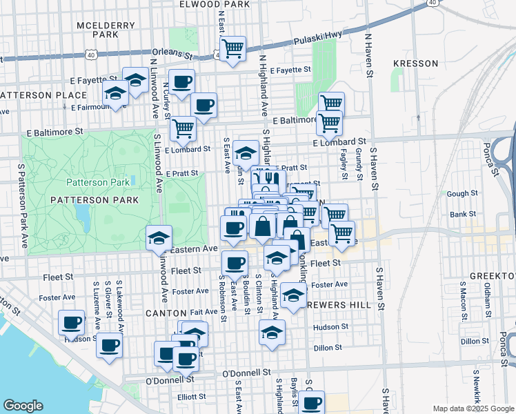 map of restaurants, bars, coffee shops, grocery stores, and more near 305 South Clinton Street in Baltimore