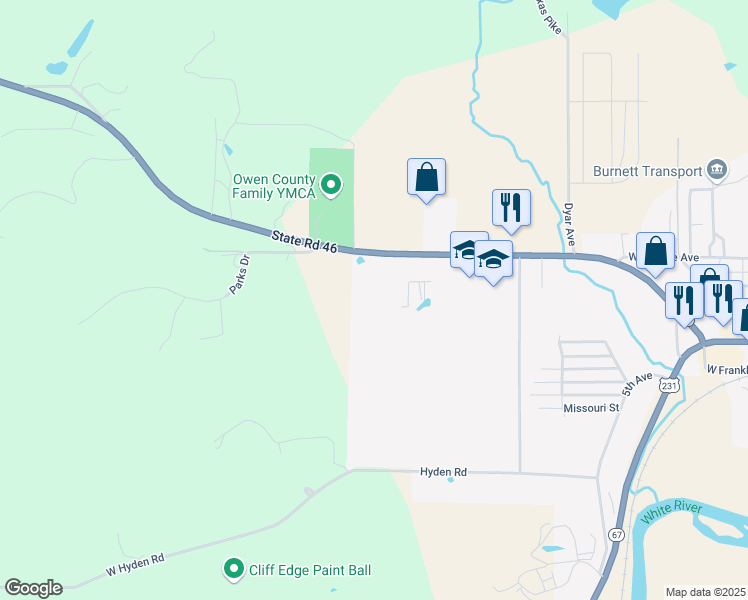 map of restaurants, bars, coffee shops, grocery stores, and more near 920 Indiana 46 in Spencer