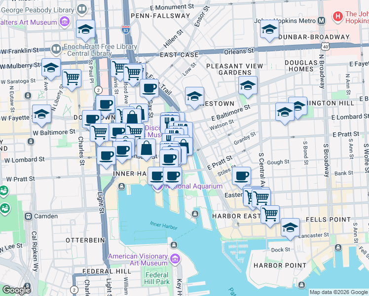 map of restaurants, bars, coffee shops, grocery stores, and more near 55 Market Place in Baltimore