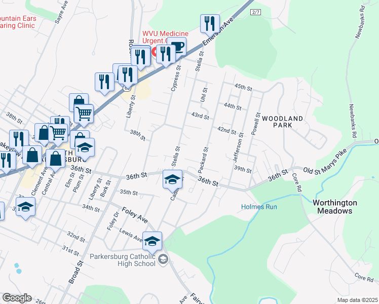 map of restaurants, bars, coffee shops, grocery stores, and more near 3625 Packard Street in Parkersburg