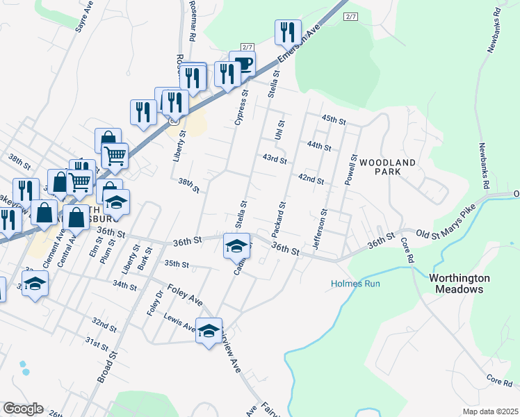 map of restaurants, bars, coffee shops, grocery stores, and more near 3625 Packard Street in Parkersburg