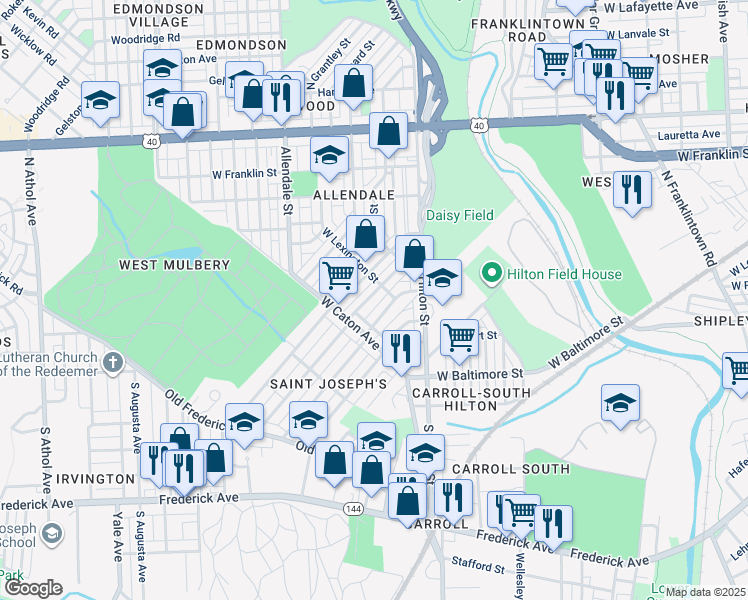 map of restaurants, bars, coffee shops, grocery stores, and more near 133 North Culver Street in Baltimore