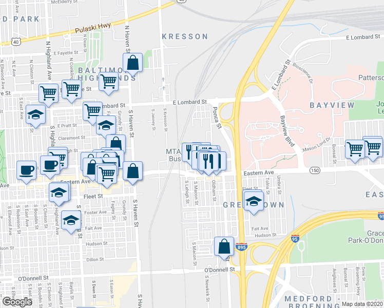map of restaurants, bars, coffee shops, grocery stores, and more near 401 South Macon Street in Baltimore