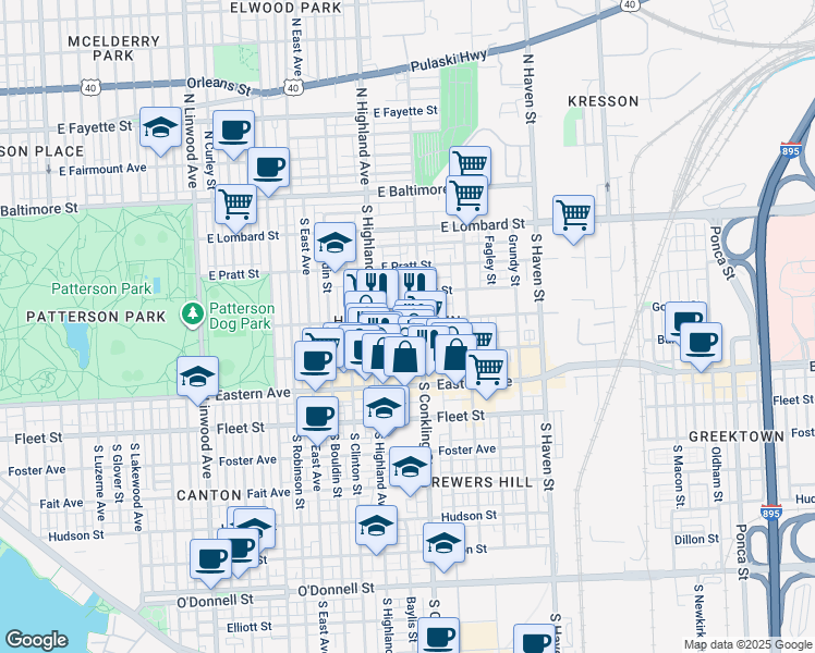 map of restaurants, bars, coffee shops, grocery stores, and more near 310 South Conkling Street in Baltimore