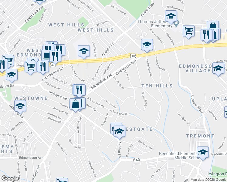 map of restaurants, bars, coffee shops, grocery stores, and more near 516 Stamford Road in Baltimore