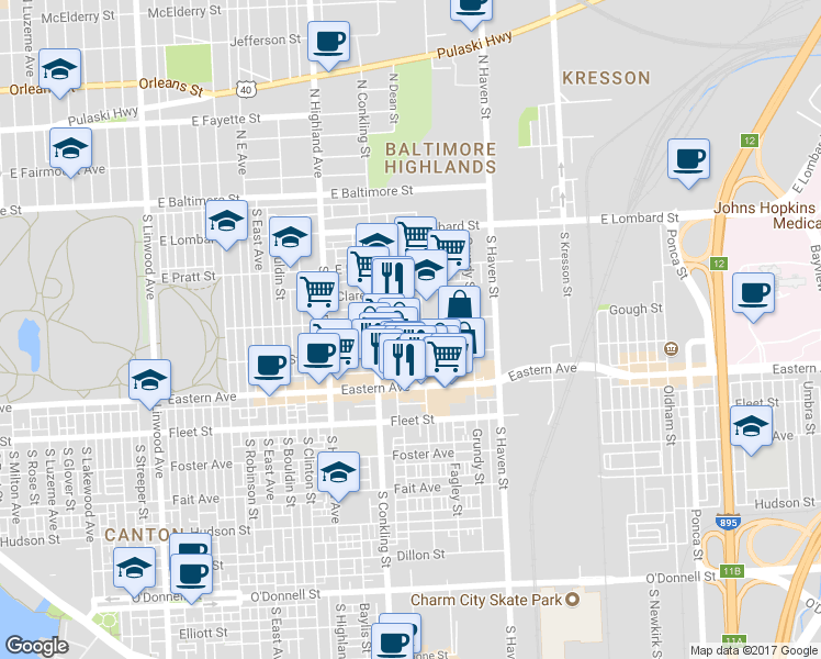 map of restaurants, bars, coffee shops, grocery stores, and more near 3725 Gough St in Baltimore