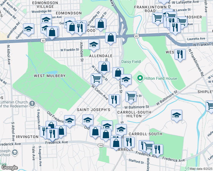 map of restaurants, bars, coffee shops, grocery stores, and more near 133 North Culver Street in Baltimore