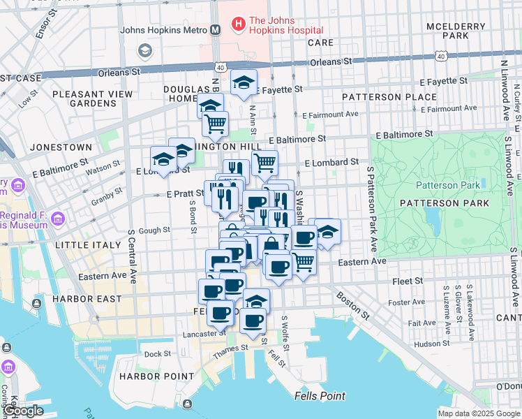 map of restaurants, bars, coffee shops, grocery stores, and more near 241 South Ann Street in Baltimore
