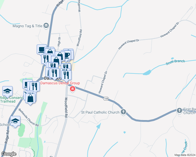 map of restaurants, bars, coffee shops, grocery stores, and more near 9510 Pleasant Plains Road in Damascus