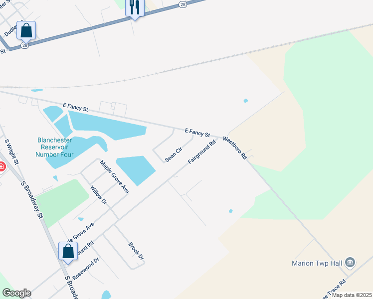 map of restaurants, bars, coffee shops, grocery stores, and more near 7276 Fairground Road in Blanchester