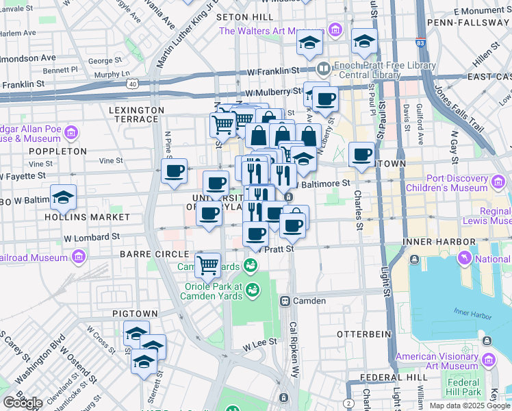 map of restaurants, bars, coffee shops, grocery stores, and more near 405 West Redwood Street in Baltimore