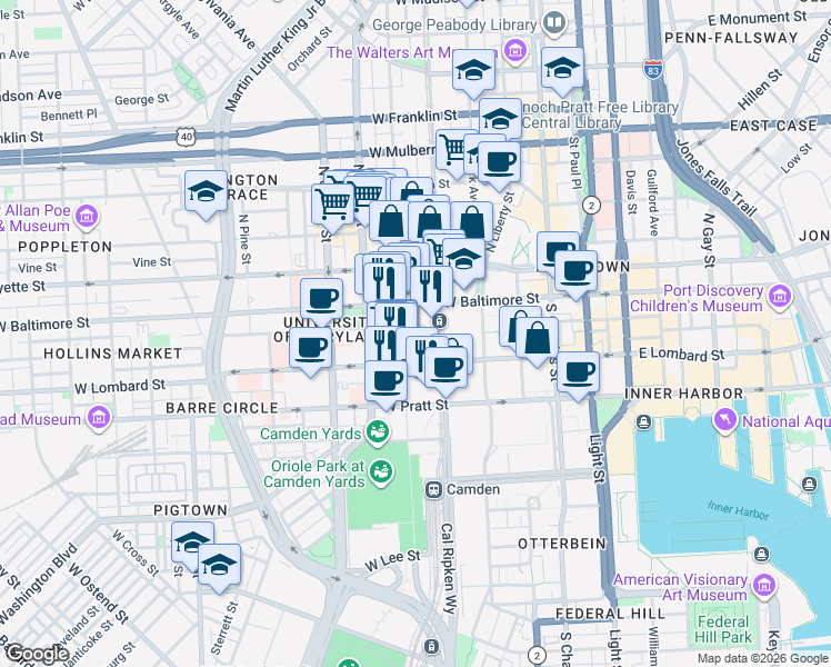 map of restaurants, bars, coffee shops, grocery stores, and more near 11 South Eutaw Street in Baltimore