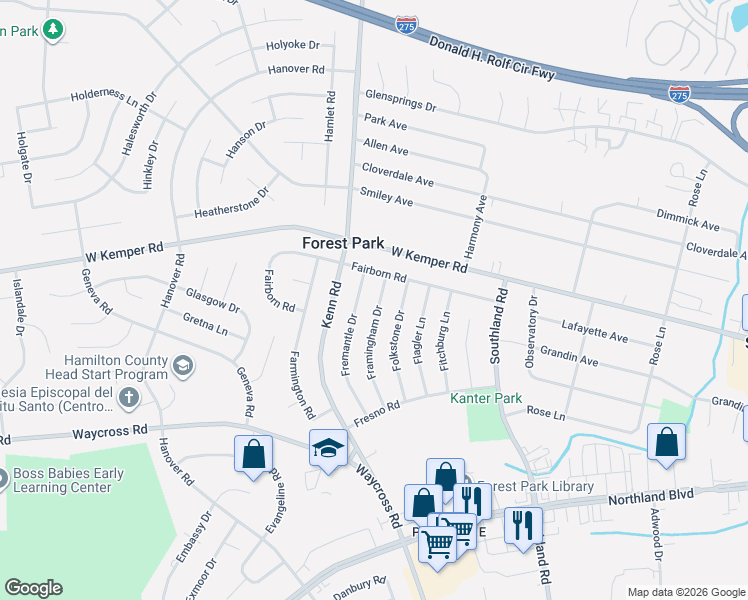 map of restaurants, bars, coffee shops, grocery stores, and more near 11545 Framingham Drive in Cincinnati