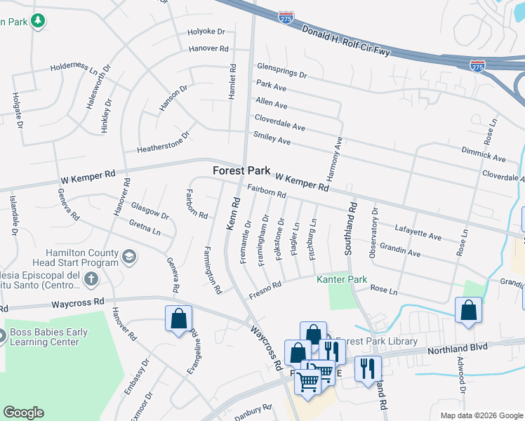 map of restaurants, bars, coffee shops, grocery stores, and more near 11545 Framingham Drive in Cincinnati