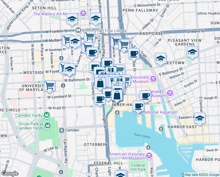 map of restaurants, bars, coffee shops, grocery stores, and more near 26 South Calvert Street in Baltimore