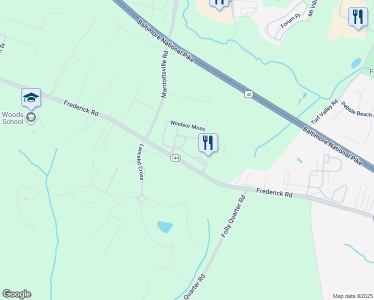 map of restaurants, bars, coffee shops, grocery stores, and more near 11940 Hampstead Green in Ellicott City