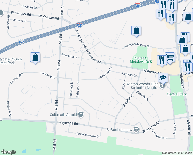 map of restaurants, bars, coffee shops, grocery stores, and more near 1456 Kingsbury Drive in Cincinnati