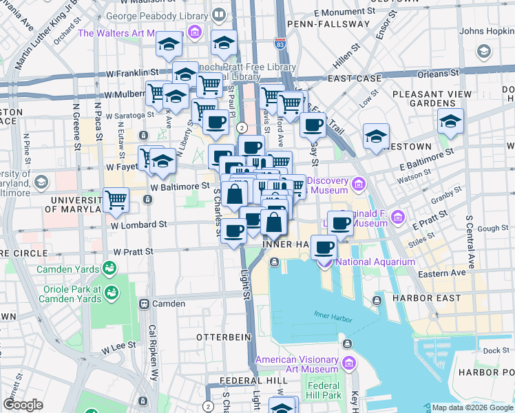 map of restaurants, bars, coffee shops, grocery stores, and more near 26 South Calvert Street in Baltimore