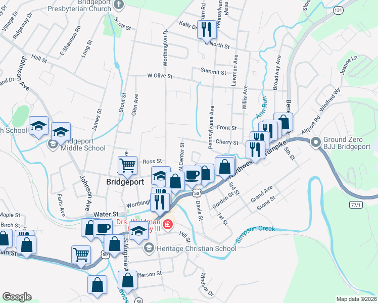 map of restaurants, bars, coffee shops, grocery stores, and more near 327-331 North Center Street in Bridgeport