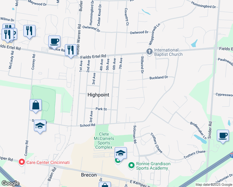 map of restaurants, bars, coffee shops, grocery stores, and more near 12009 7th Avenue in Cincinnati