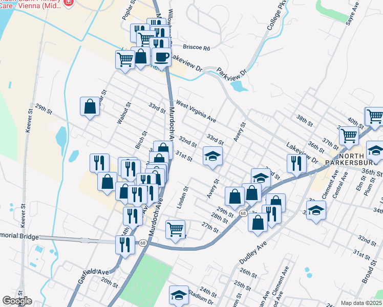 map of restaurants, bars, coffee shops, grocery stores, and more near 800-898 31st Street in Parkersburg
