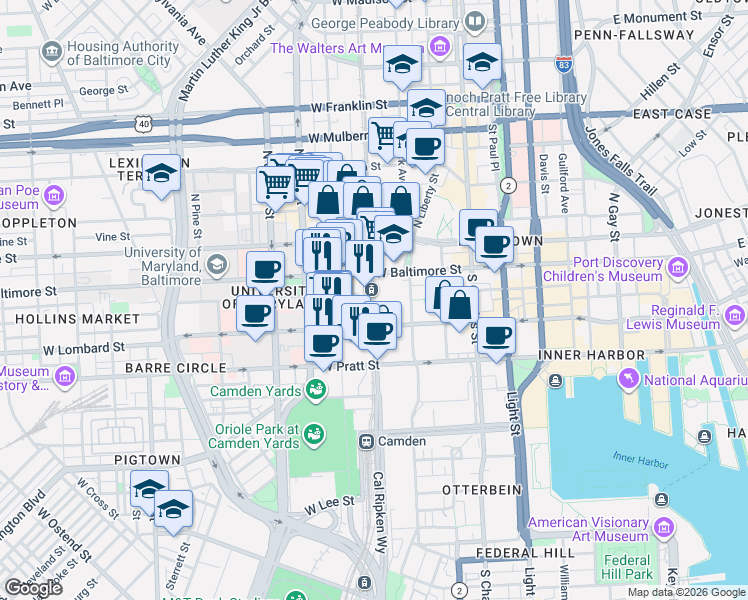 map of restaurants, bars, coffee shops, grocery stores, and more near 30 South Howard Street in Baltimore