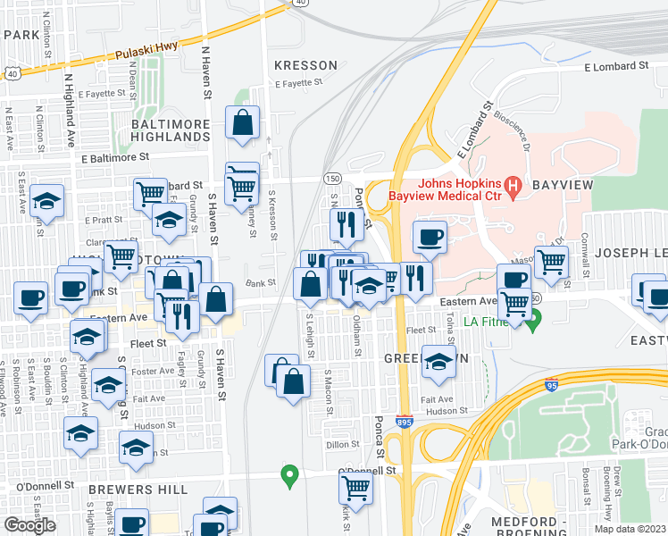 map of restaurants, bars, coffee shops, grocery stores, and more near 326 South Newkirk Street in Baltimore