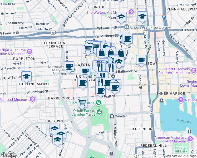 map of restaurants, bars, coffee shops, grocery stores, and more near 419 West Redwood Street in Baltimore