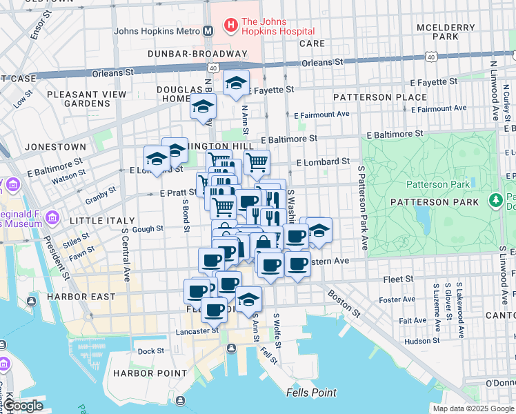 map of restaurants, bars, coffee shops, grocery stores, and more near 236 South Durham Street in Baltimore