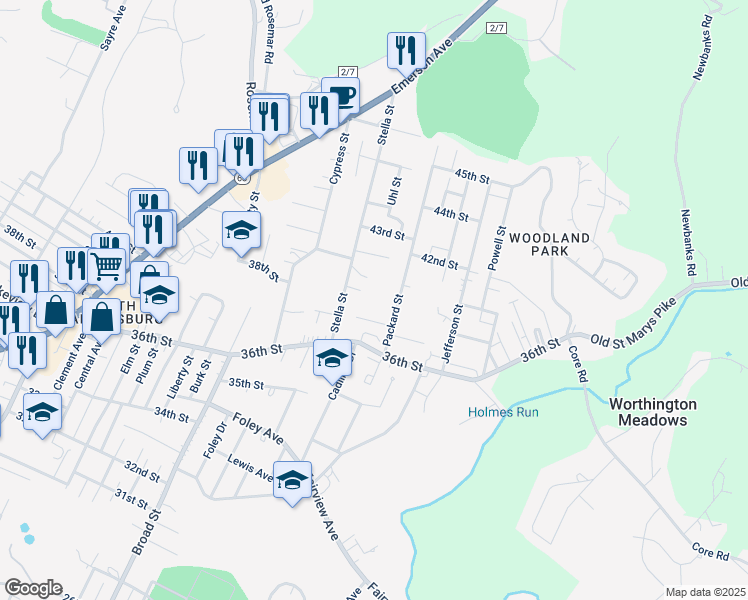 map of restaurants, bars, coffee shops, grocery stores, and more near 2217-2205 Packard Court in Parkersburg