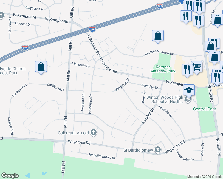 map of restaurants, bars, coffee shops, grocery stores, and more near 1456 Kingsbury Drive in Cincinnati