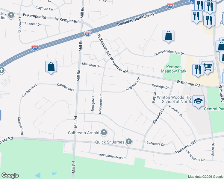 map of restaurants, bars, coffee shops, grocery stores, and more near 1486 Kingsbury Drive in Cincinnati