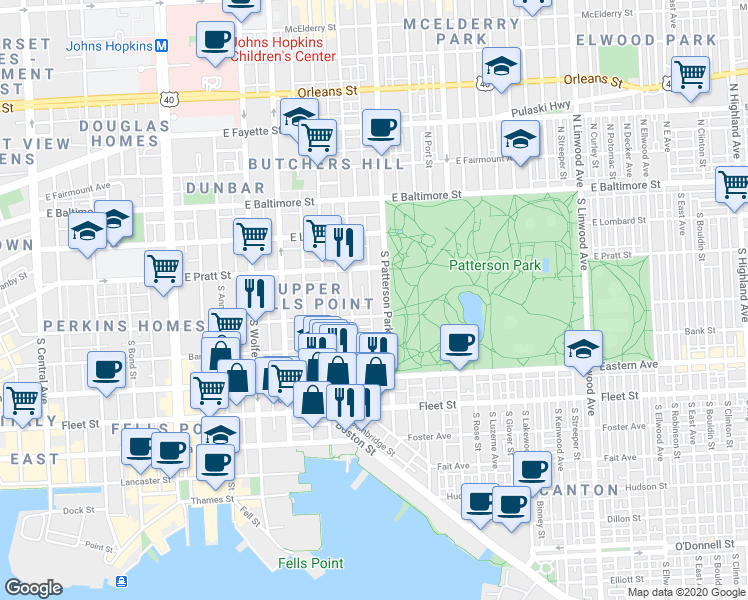 map of restaurants, bars, coffee shops, grocery stores, and more near 233 South Madeira Street in Baltimore