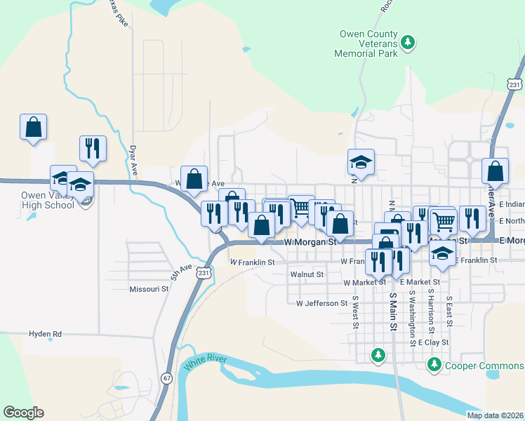 map of restaurants, bars, coffee shops, grocery stores, and more near 207 North Lincoln Street in Spencer