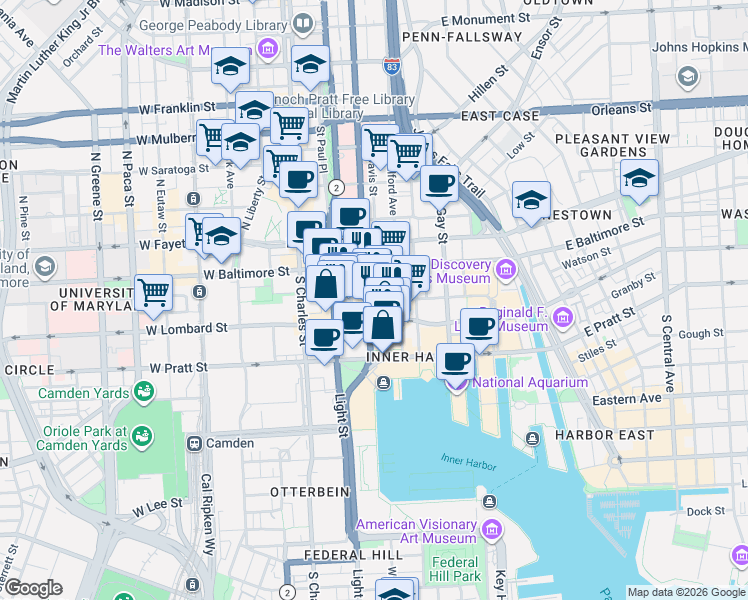map of restaurants, bars, coffee shops, grocery stores, and more near 21 South Calvert Street in Baltimore
