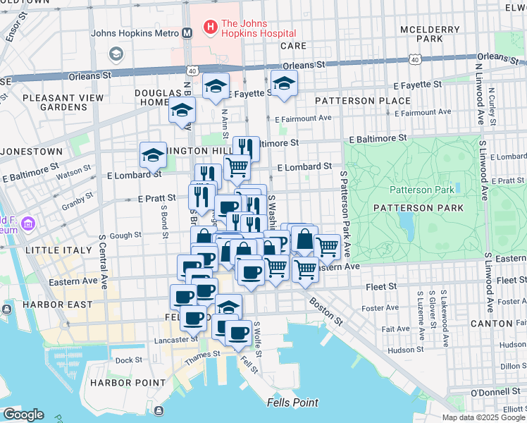 map of restaurants, bars, coffee shops, grocery stores, and more near 229 South Chapel Street in Baltimore