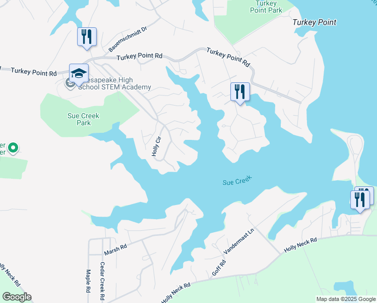 map of restaurants, bars, coffee shops, grocery stores, and more near 2032 Sue Creek Drive in Essex