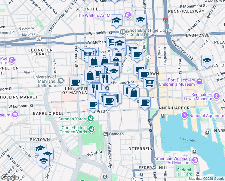 map of restaurants, bars, coffee shops, grocery stores, and more near 201 West Baltimore Street in Baltimore